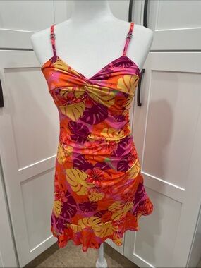 NWT, Tropical Floral Ruched Spaghetti Strap Mini Dress - Pink & Orange